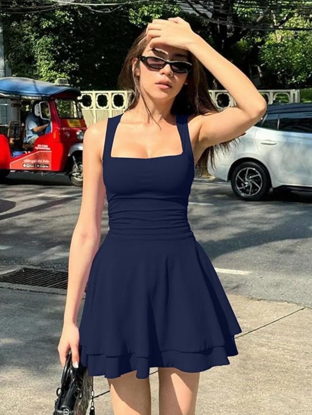 Women's Navy Ruffle Hem Square Neck Sleeveless Ruched Waist Mini Dress - Picture 4 of 5